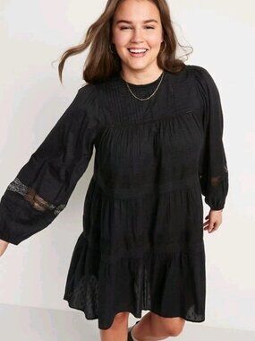 Old Navy Plus Size Black Long-Sleeve Pintucked Clip-Dot Mini Swing Dress XXL